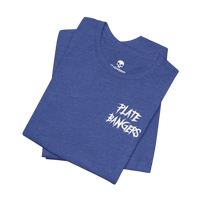 DailyThreadCo. blue cotton gym t-shirt featuring a distressed white Plate Bangers graphic on the chest.