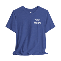 DailyThreadCo. blue cotton gym t-shirt featuring a white distressed Plate Bangers chest graphic.