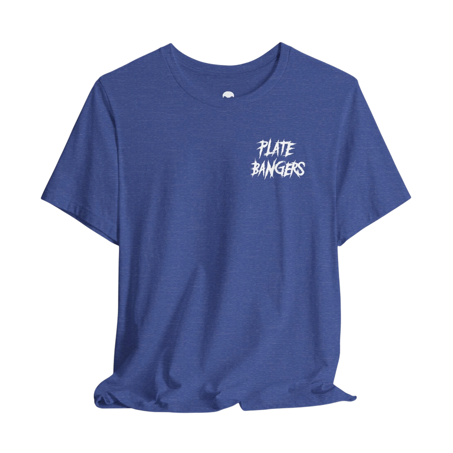 DailyThreadCo. blue cotton gym t-shirt featuring a white distressed Plate Bangers chest graphic.