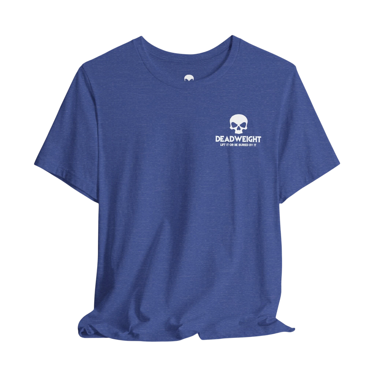 DailyThreadCo. blue cotton gym t-shirt featuring a small white skull logo and Deadweight branding on the chest.