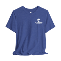 DailyThreadCo. blue cotton gym t-shirt featuring a small white skull logo and Deadweight branding on the chest.