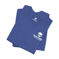 DailyThreadCo. blue cotton gym t-shirt with white skull logo and Your Content Is My Warmup graphic on the back.