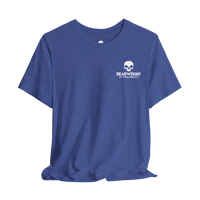DailyThreadCo. blue cotton gym t-shirt with a white skull chest emblem and crew neckline for athletic training.