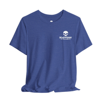 DailyThreadCo. blue heathered cotton t-shirt with a small white skull logo on the chest.