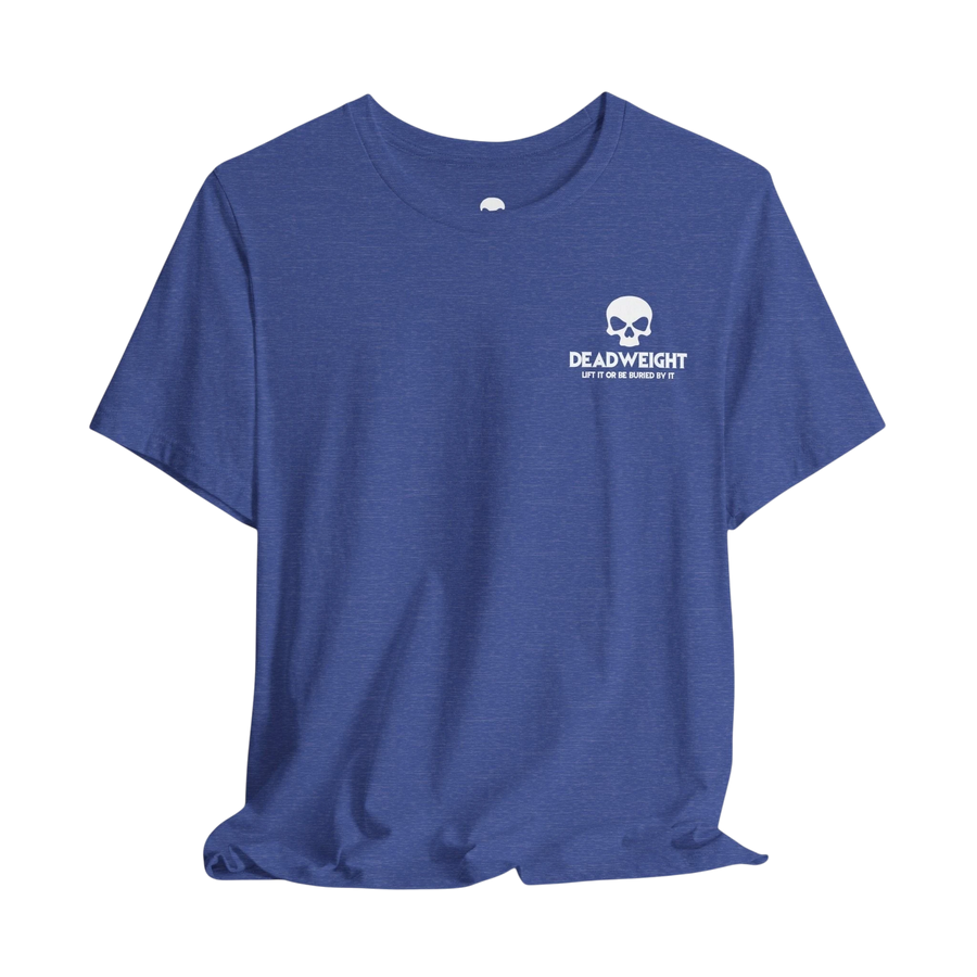 DailyThreadCo. blue heathered cotton t-shirt with a small white skull logo on the chest.