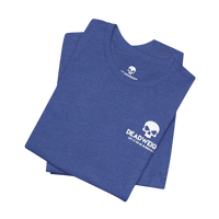 DailyThreadCo. blue heathered cotton t-shirt with a small white skull logo on the chest, folded neatly.