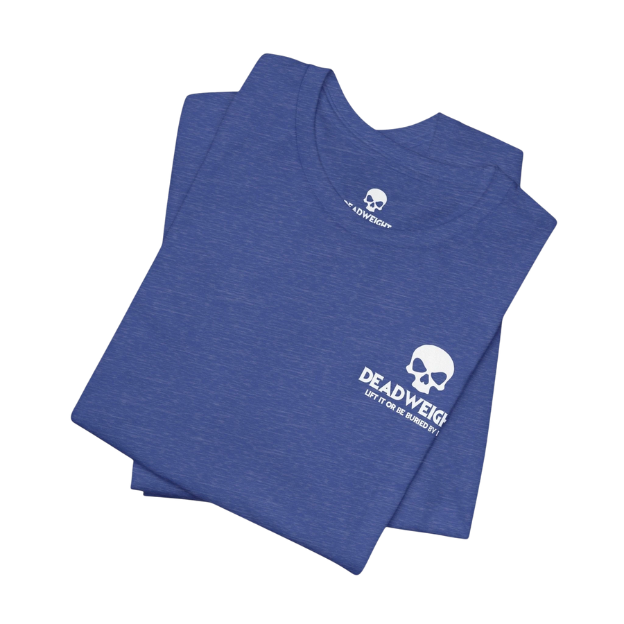 DailyThreadCo. blue heathered cotton t-shirt with a small white skull logo on the chest, folded neatly.
