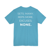 DailyThreadCo. blue fitness t-shirt with white text on the back reading Sets: Many. Reps: More. Excuses: None.
