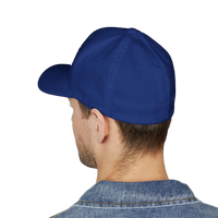 DailyThreadCo. blue structured FlexFit cap worn by a man, showing the clean, closed-back design from behind.