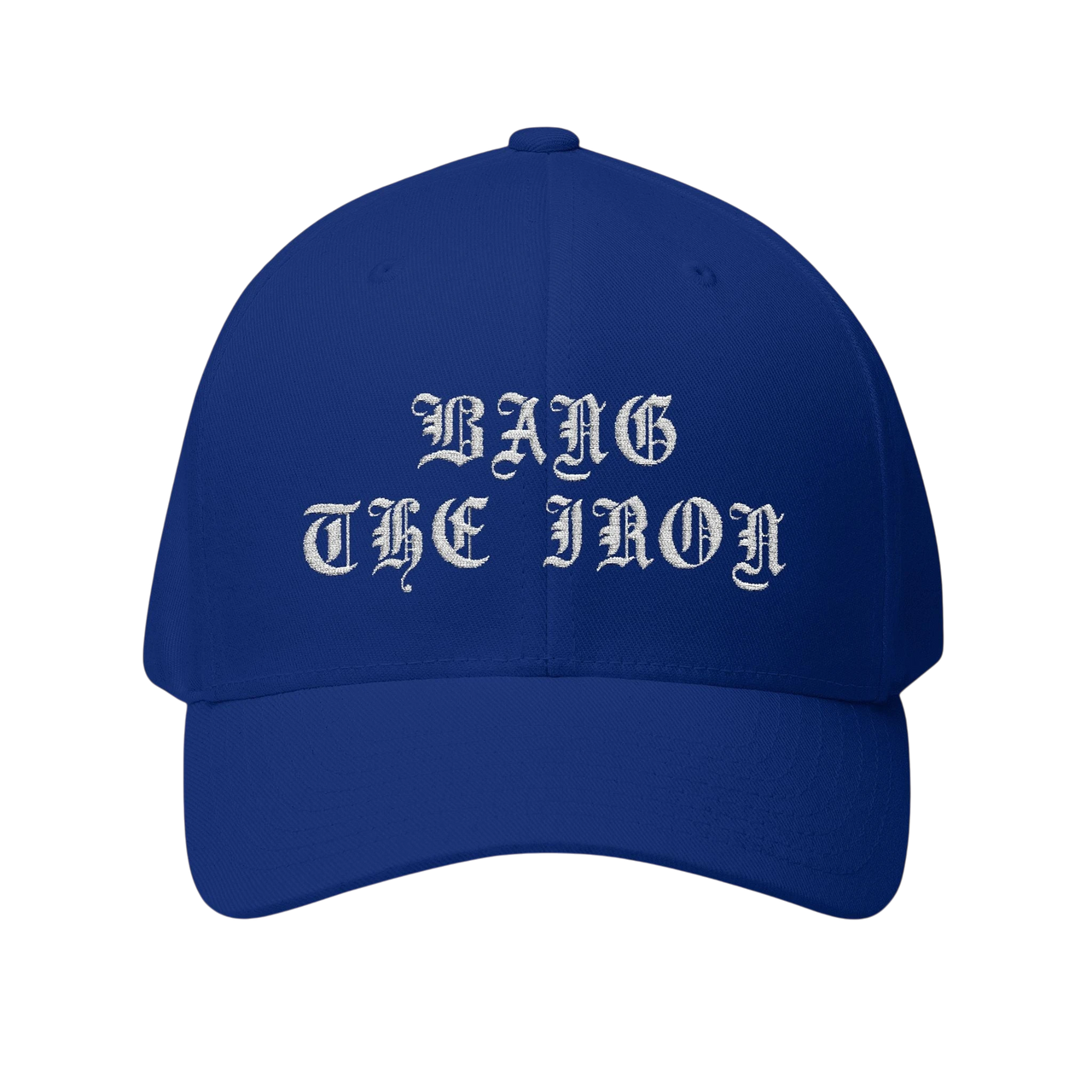 DailyThreadCo. blue structured FlexFit cap with white gothic Bang the Iron embroidery on the front panel.