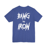 DailyThreadCo. blue cotton gym t-shirt featuring a bold white distressed BANG THE IRON graphic on the back