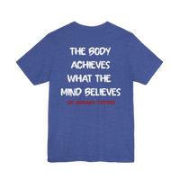 DailyThreadCo. blue cotton gym t-shirt featuring a white motivational back print and red secondary text.