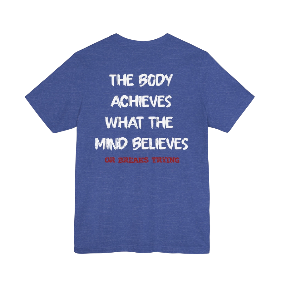 DailyThreadCo. blue cotton gym t-shirt featuring a white motivational back print and red secondary text.