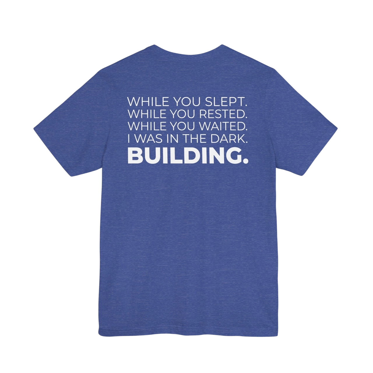 DailyThreadCo. blue cotton t-shirt with white motivational text printed on the back.