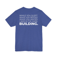 DailyThreadCo. blue cotton t-shirt with white motivational text printed on the back.
