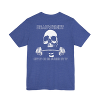 DailyThreadCo. blue gym t-shirt featuring a back print of a skull gripping a barbell with the text DEADWEIGHT.