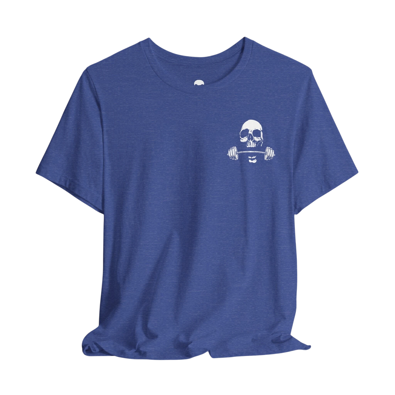 DailyThreadCo. blue cotton gym t-shirt featuring a white skull and barbell chest emblem on a crew neck silhouette.