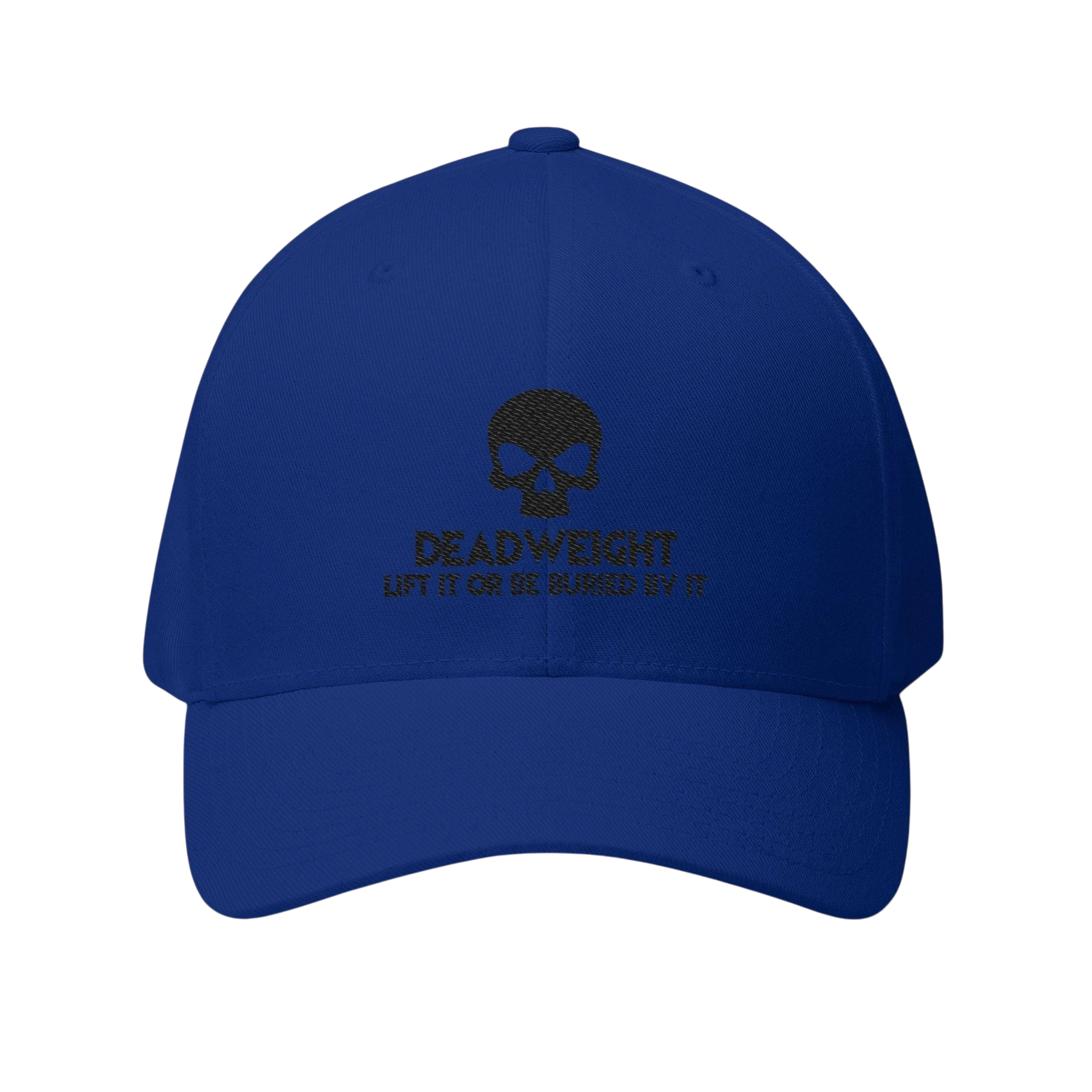 DailyThreadCo. blue structured baseball cap with a black embroidered skull and Deadweight slogan on the front.