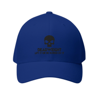 DailyThreadCo. blue structured baseball cap with a black embroidered skull and Deadweight slogan on the front.