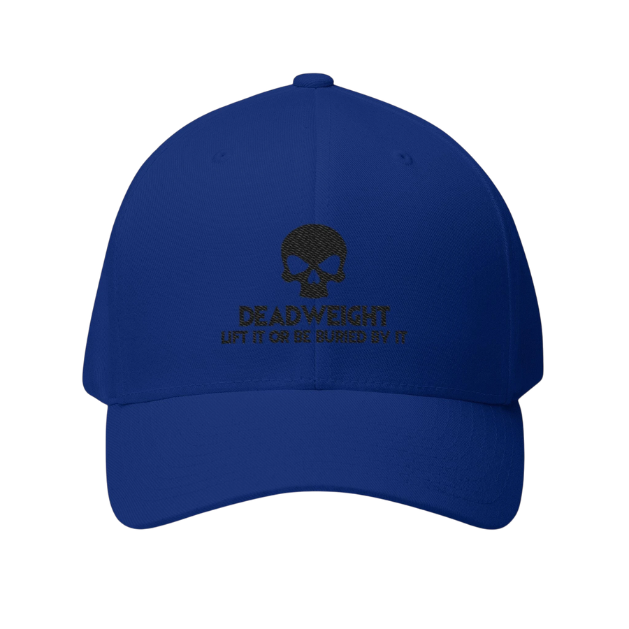 DailyThreadCo. blue structured baseball cap with a black embroidered skull and Deadweight slogan on the front.