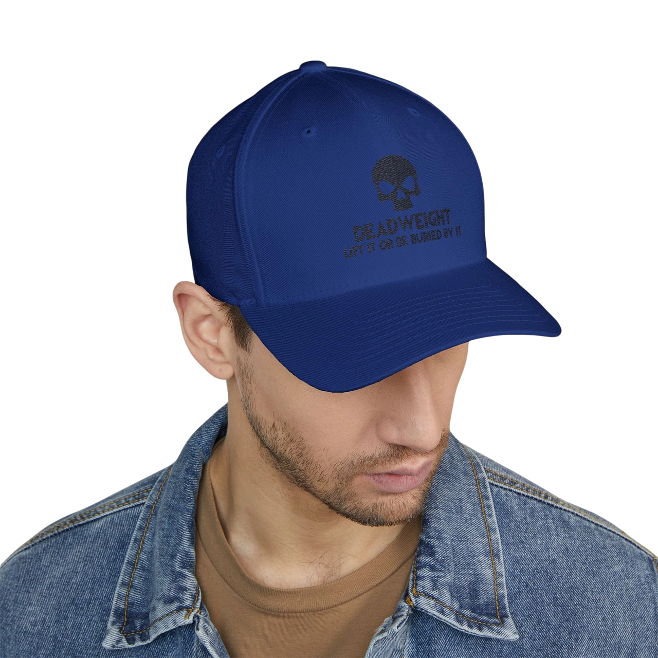 DailyThreadCo. blue structured cap with skull embroidery and Deadweight text worn by a man in a denim jacket.