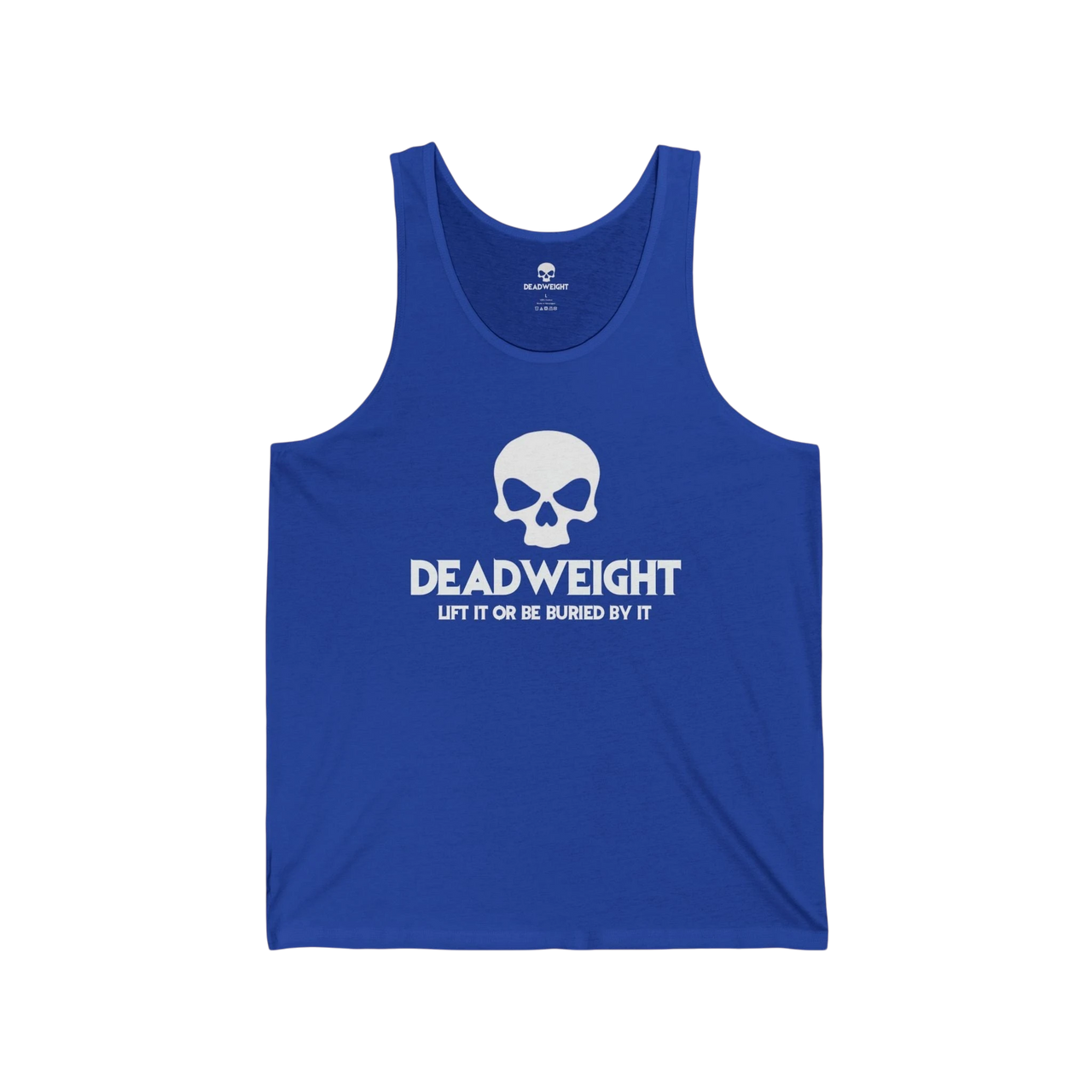 DailyThreadCo. blue cotton fitness tank top with a white skull graphic and Deadweight text on the chest.