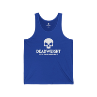 DailyThreadCo. blue cotton fitness tank top with a white skull graphic and Deadweight text on the chest.