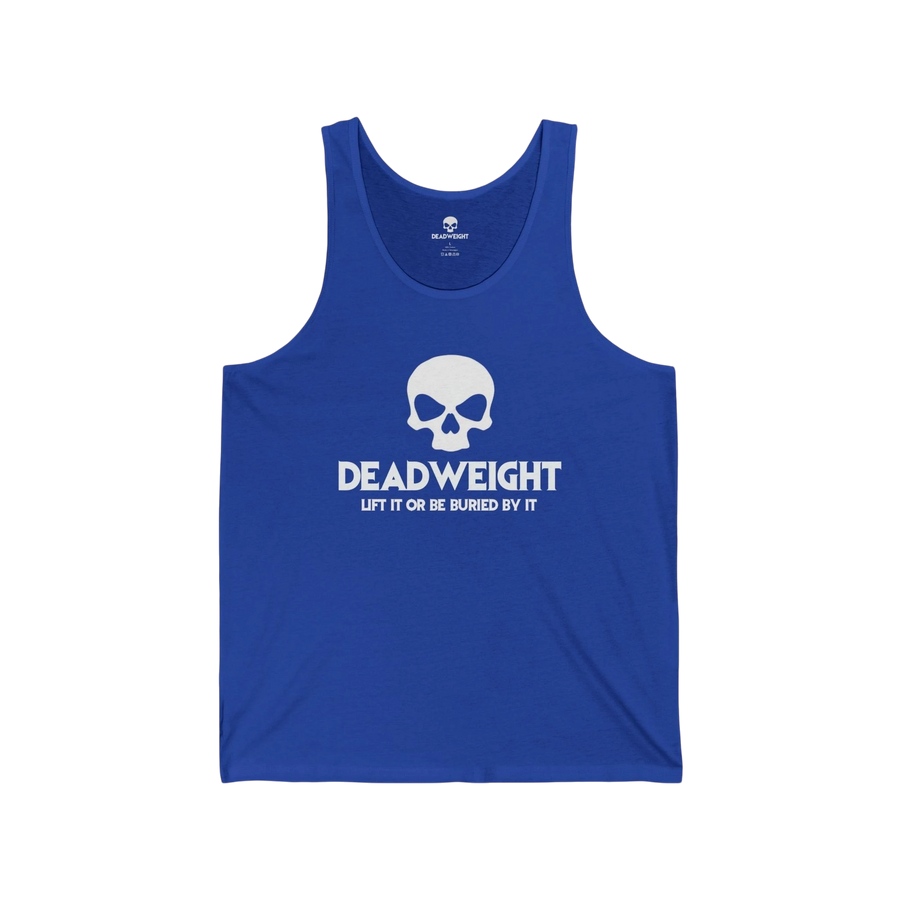 DailyThreadCo. blue cotton fitness tank top with a white skull graphic and Deadweight text on the chest.