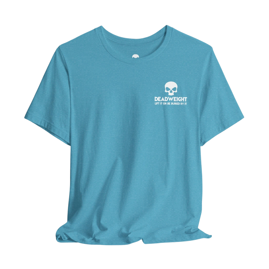 DailyThreadCo. blue cotton fitness t-shirt with a white skull logo and Deadweight text on the chest.