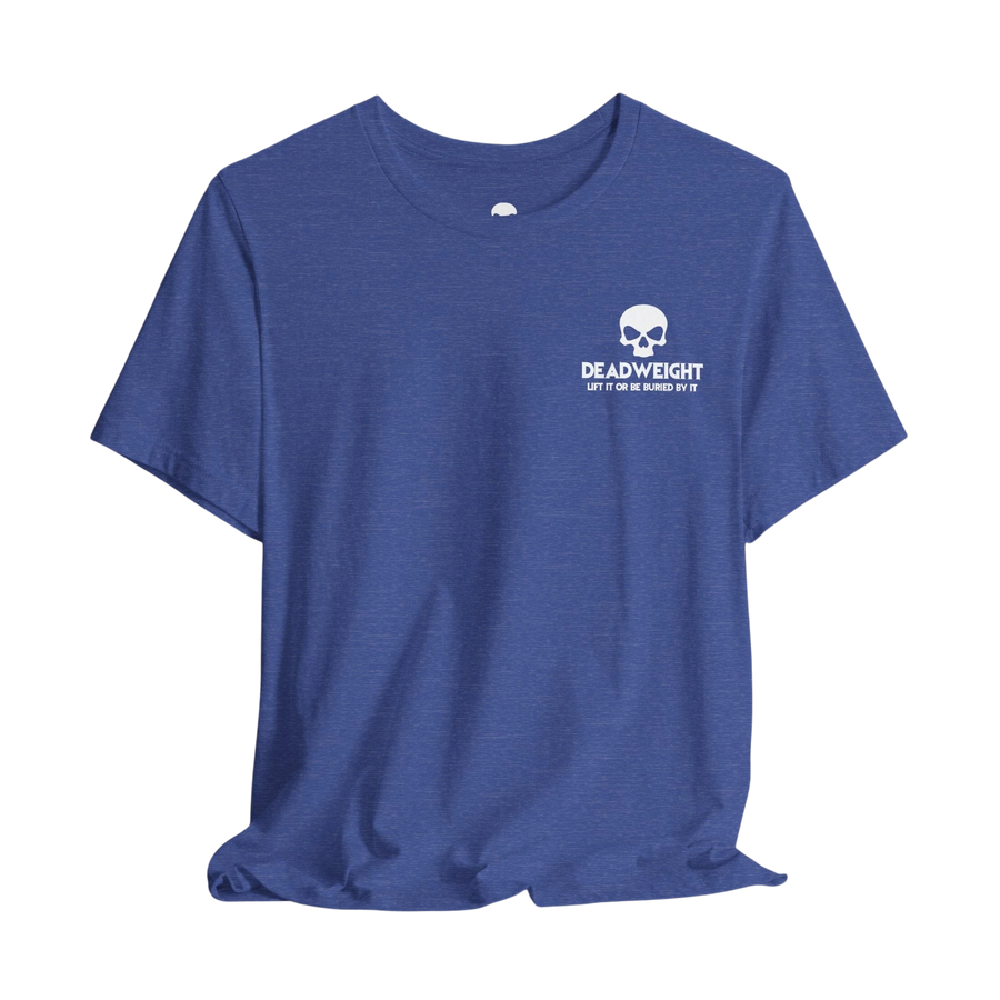DailyThreadCo. blue heathered cotton crew neck t-shirt with a small white skull graphic and Deadweight text on the chest.