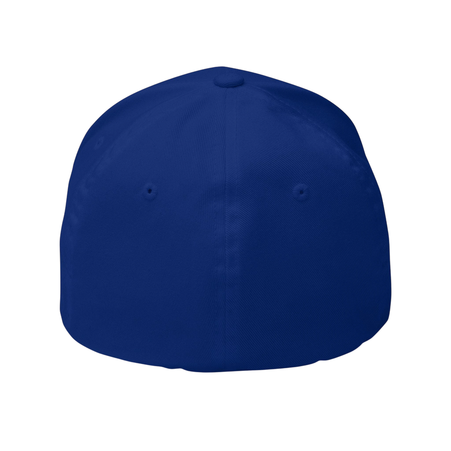 DailyThreadCo. blue structured six-panel FlexFit cap with a curved visor and embroidered eyelets.