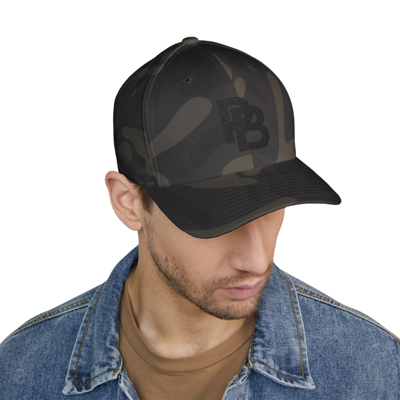 DailyThreadCo. structured FlexFit baseball cap in dark camo print with embroidered logo, worn by a man in denim.