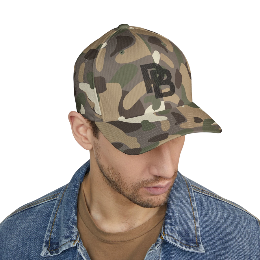 DailyThreadCo. structured camo baseball cap with black Plate Bangers logo embroidery and silver undervisor