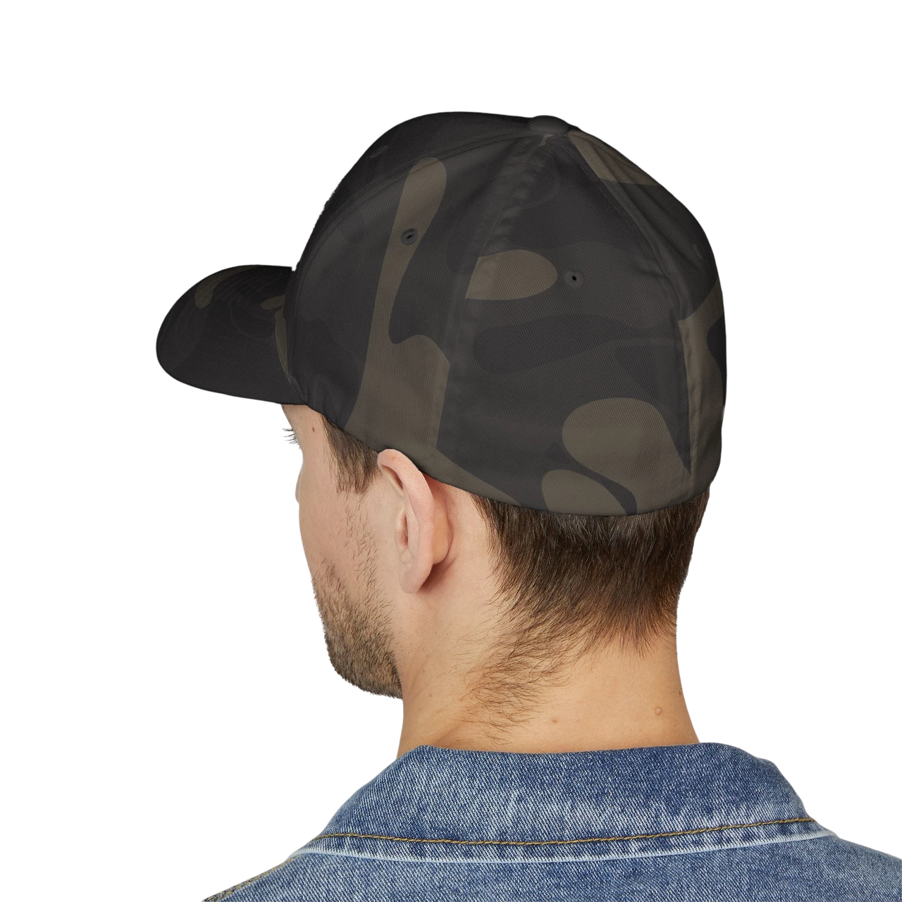 DailyThreadCo. structured camo FlexFit cap worn by a man, showing the closed-back design and six-panel construction.