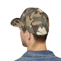 DailyThreadCo. camo FlexFit cap worn by a man, showing the back view of the structured six-panel twill hat.