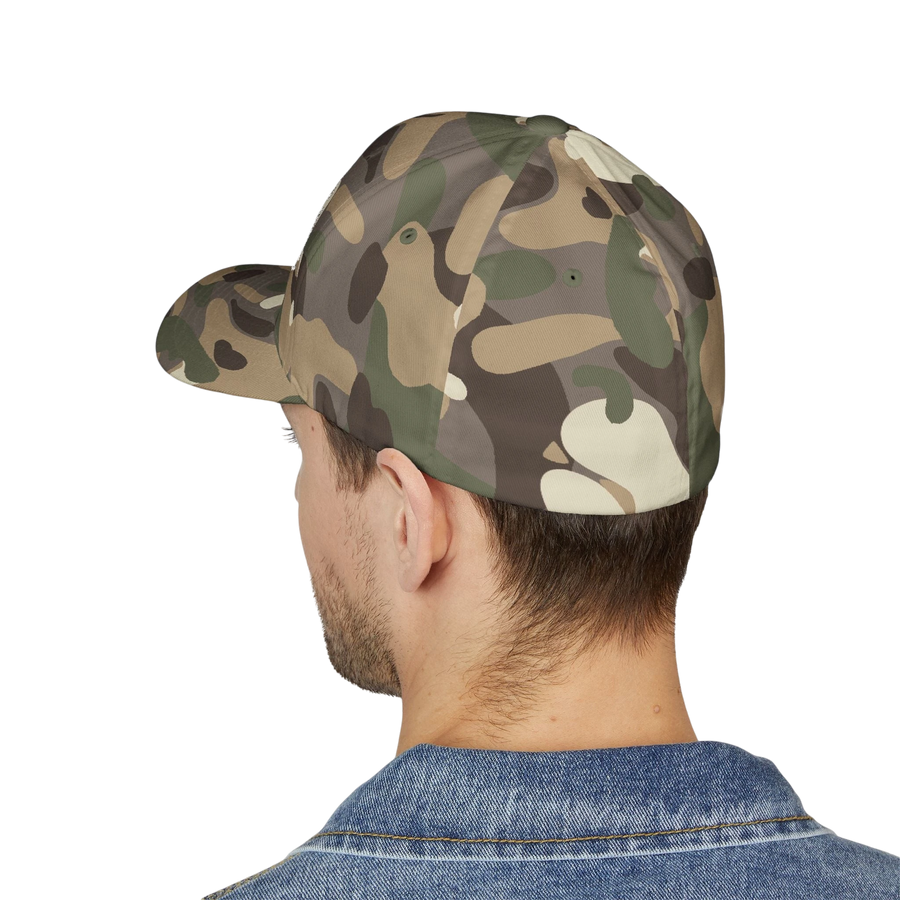 DailyThreadCo. camo FlexFit cap worn by a man, showing the back view of the structured six-panel twill hat.