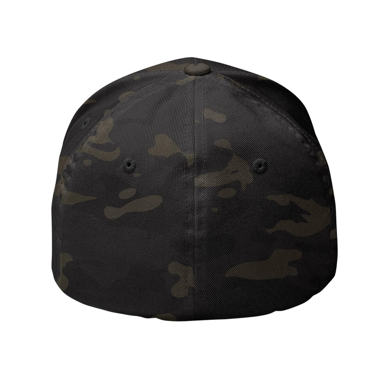 DailyThreadCo. structured FlexFit cap in dark camouflage twill with embroidered eyelets and a closed-back design.
