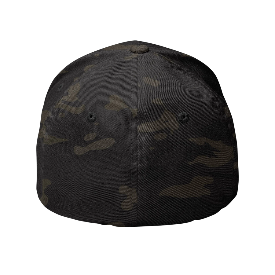 DailyThreadCo. structured FlexFit cap in dark camouflage twill with embroidered eyelets and a closed-back design.
