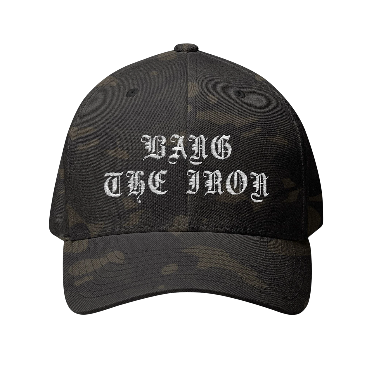 DailyThreadCo. structured FlexFit cap in dark camo with white Bang the Iron gothic embroidery on the front.