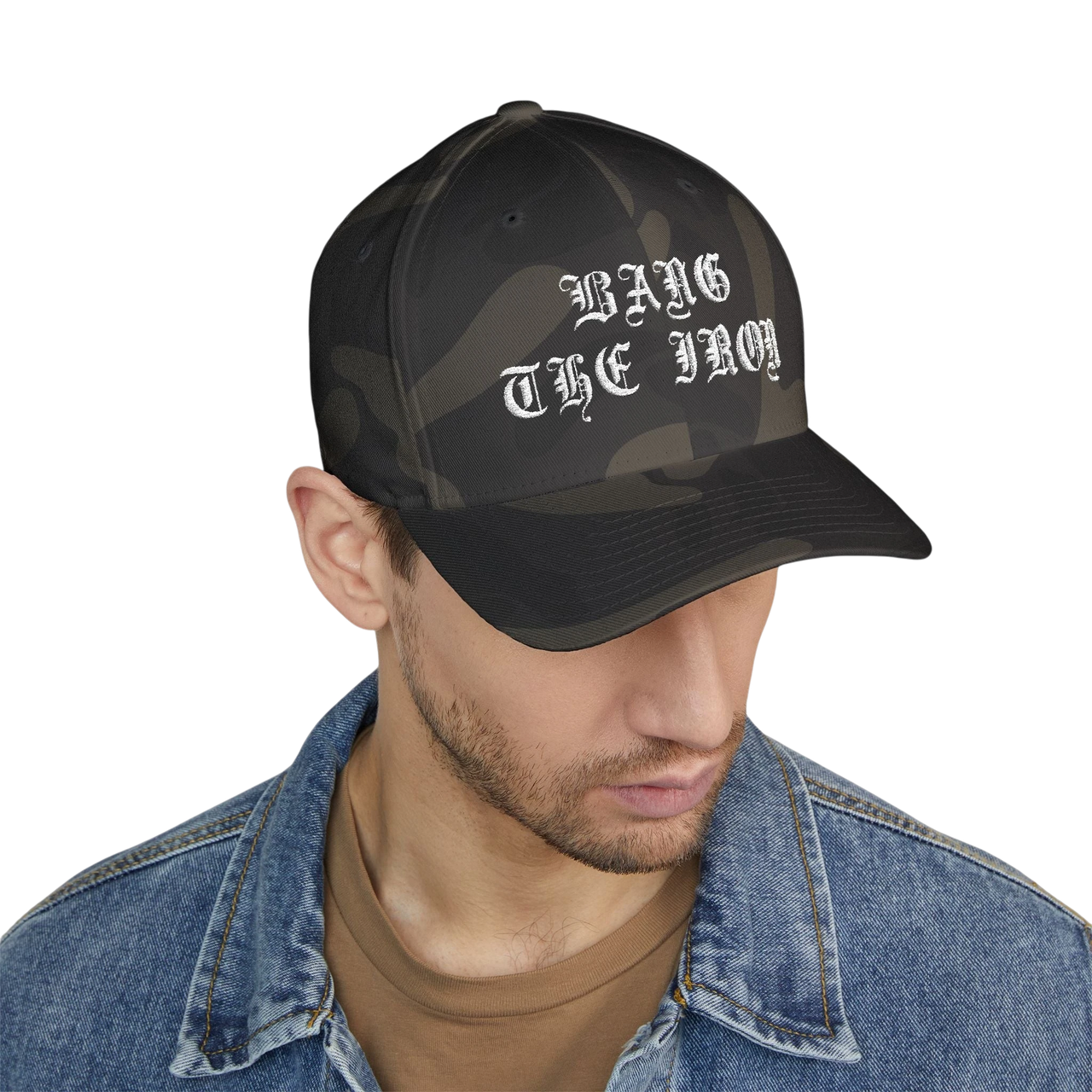 DailyThreadCo. structured FlexFit cap in camo print with white Bang the Iron gothic embroidery on the front.
