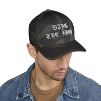 DailyThreadCo. structured FlexFit cap in camo print with white Bang the Iron gothic embroidery on the front.