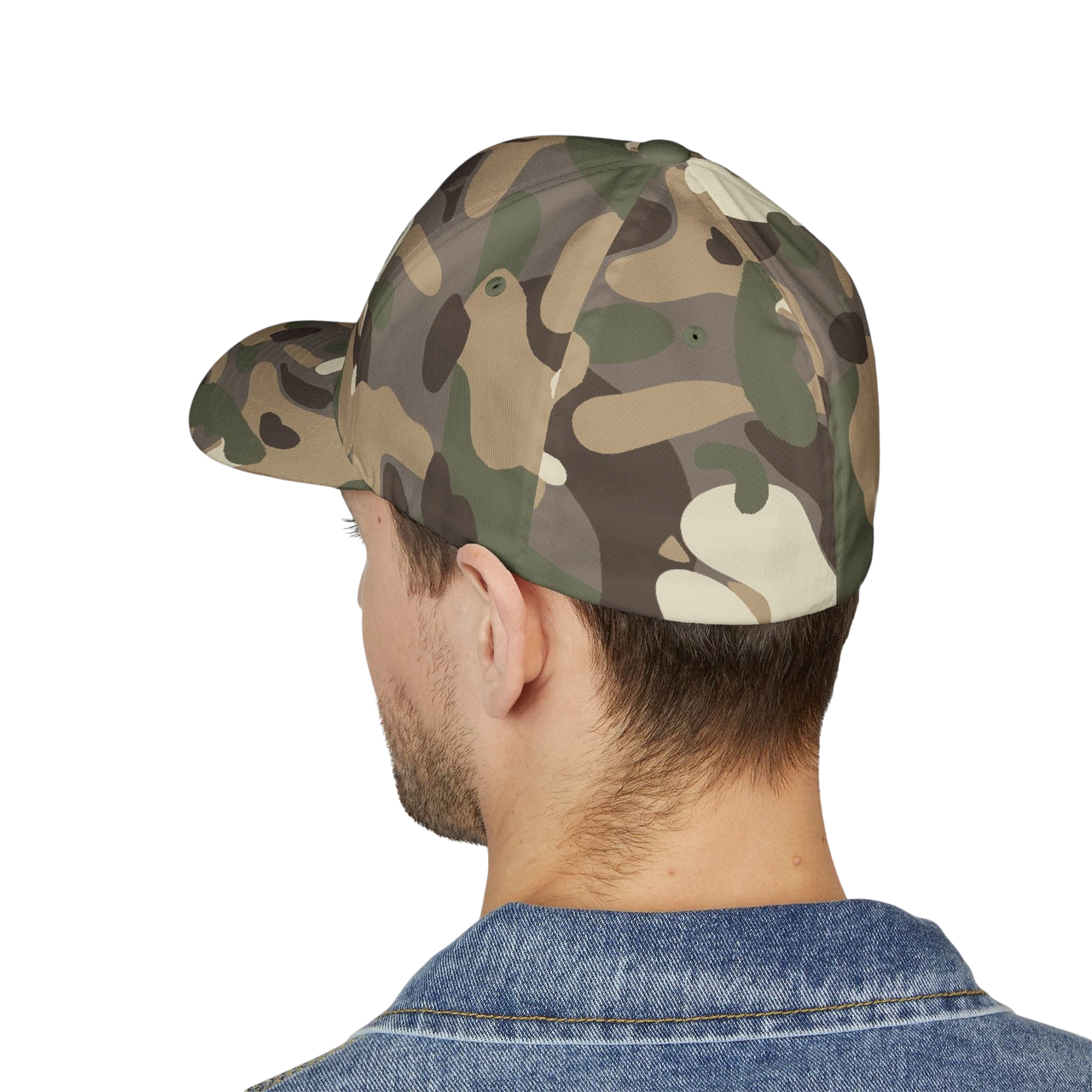 DailyThreadCo. camo structured cap worn by a man, showing the back view of the six-panel design.