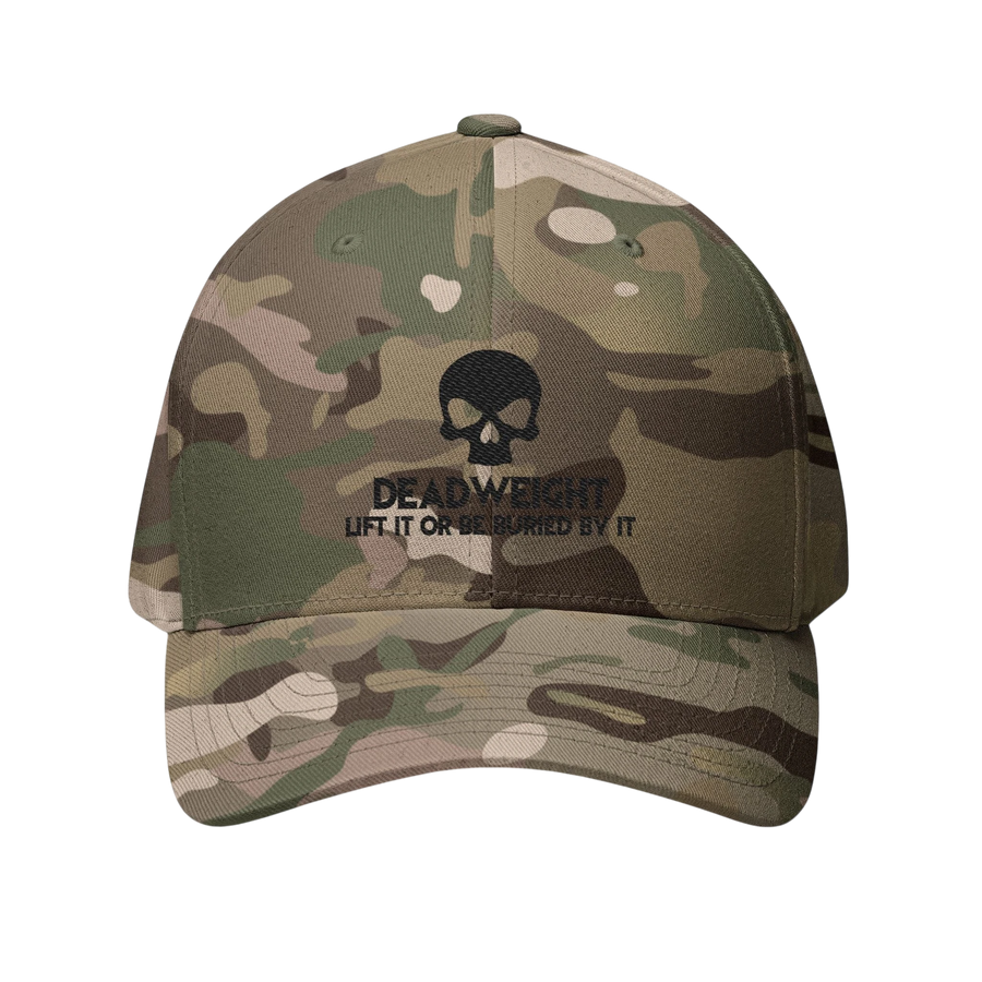DailyThreadCo. camouflage structured cap with black embroidered skull and Deadweight motivational text.