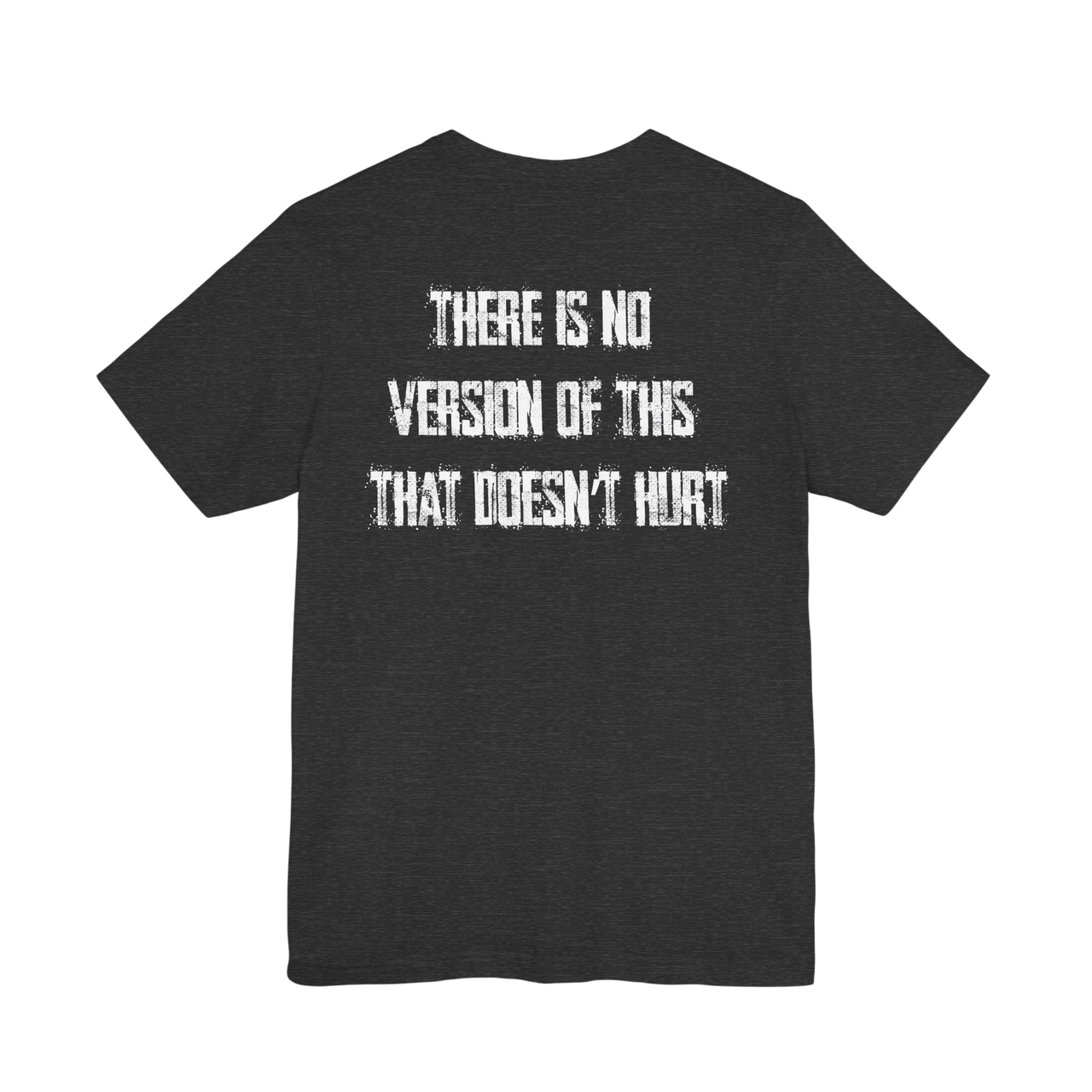 DailyThreadCo. charcoal grey cotton t-shirt with weathered white text on the back, back view.
