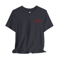 DailyThreadCo. charcoal grey lightweight cotton t-shirt with small red handwritten OLD SCHOOL text on the chest.