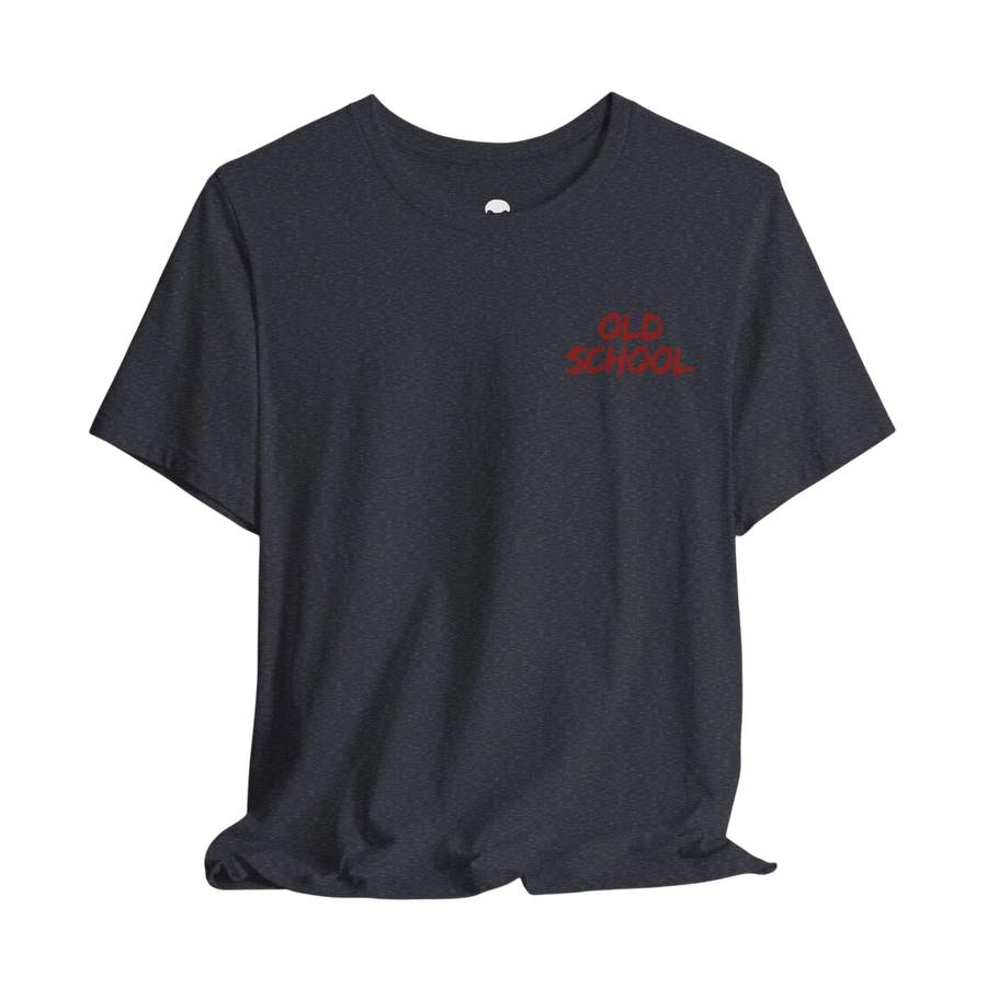 DailyThreadCo. charcoal grey lightweight cotton t-shirt with small red handwritten OLD SCHOOL text on the chest.