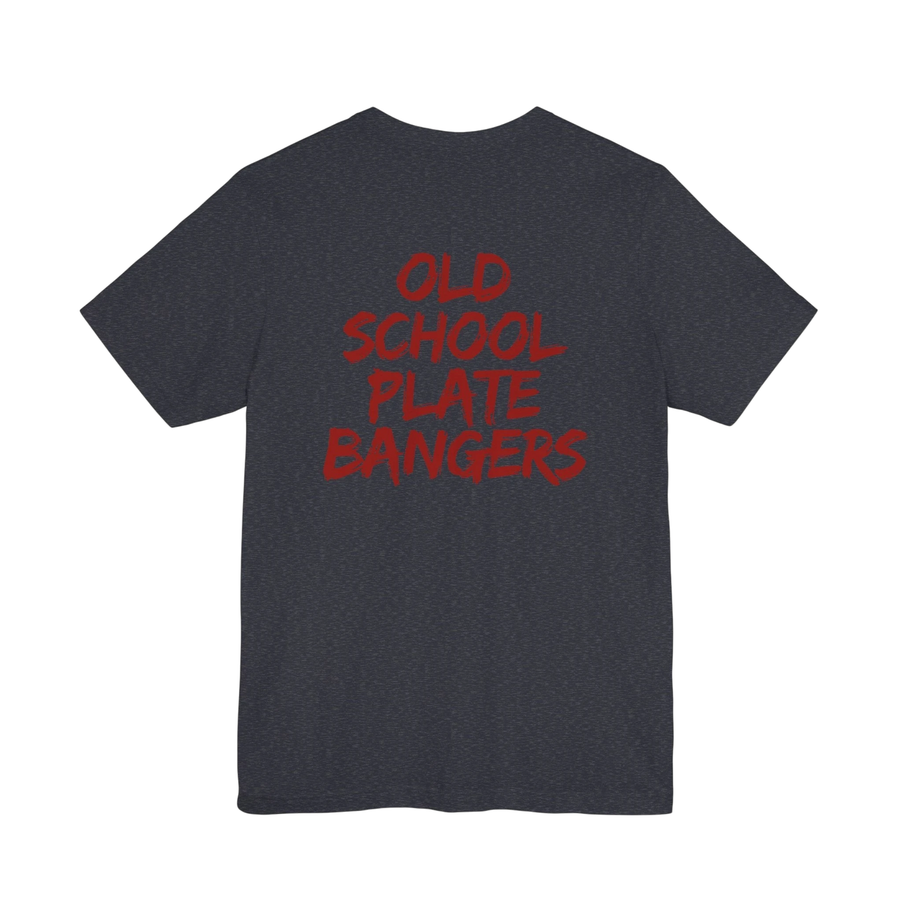 DailyThreadCo. charcoal grey lightweight cotton t-shirt with red marker-style Old School Plate Bangers back graphic.