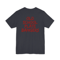 DailyThreadCo. charcoal grey lightweight cotton t-shirt with red marker-style Old School Plate Bangers back graphic.
