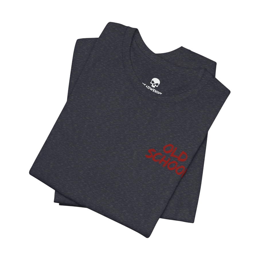 DailyThreadCo. charcoal grey lightweight cotton crew neck t-shirt with small red Old School chest graphic