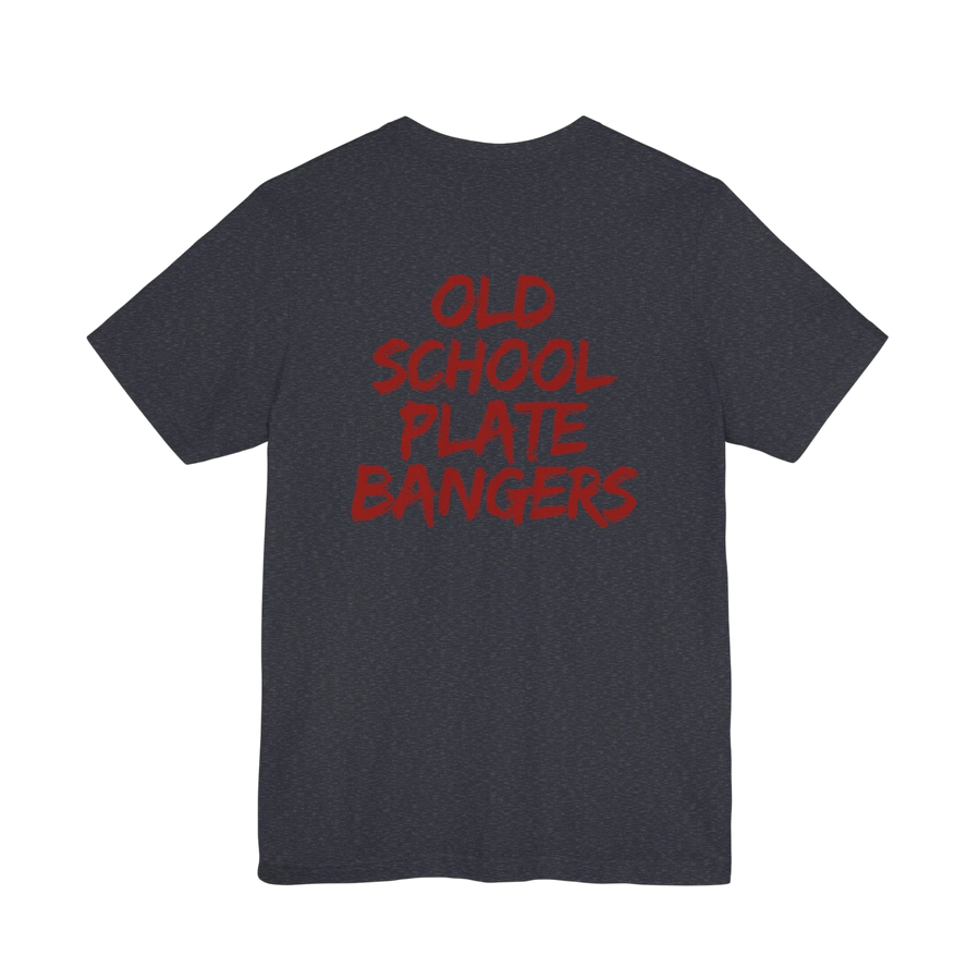 DailyThreadCo. charcoal grey lightweight cotton t-shirt with red marker-style Old School Plate Bangers back graphic.